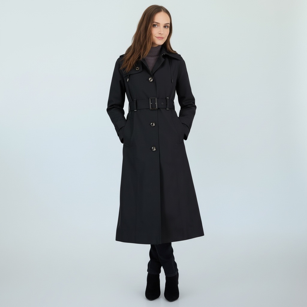 Nwt London Fog Black Hooded Belted Maxi Trench Coat Size Large